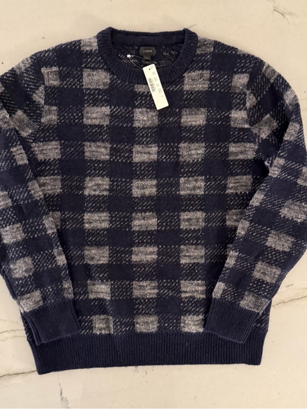 J.Crew Checkered Sweater Men's Large Navy Blue New Plaid Wool Linen